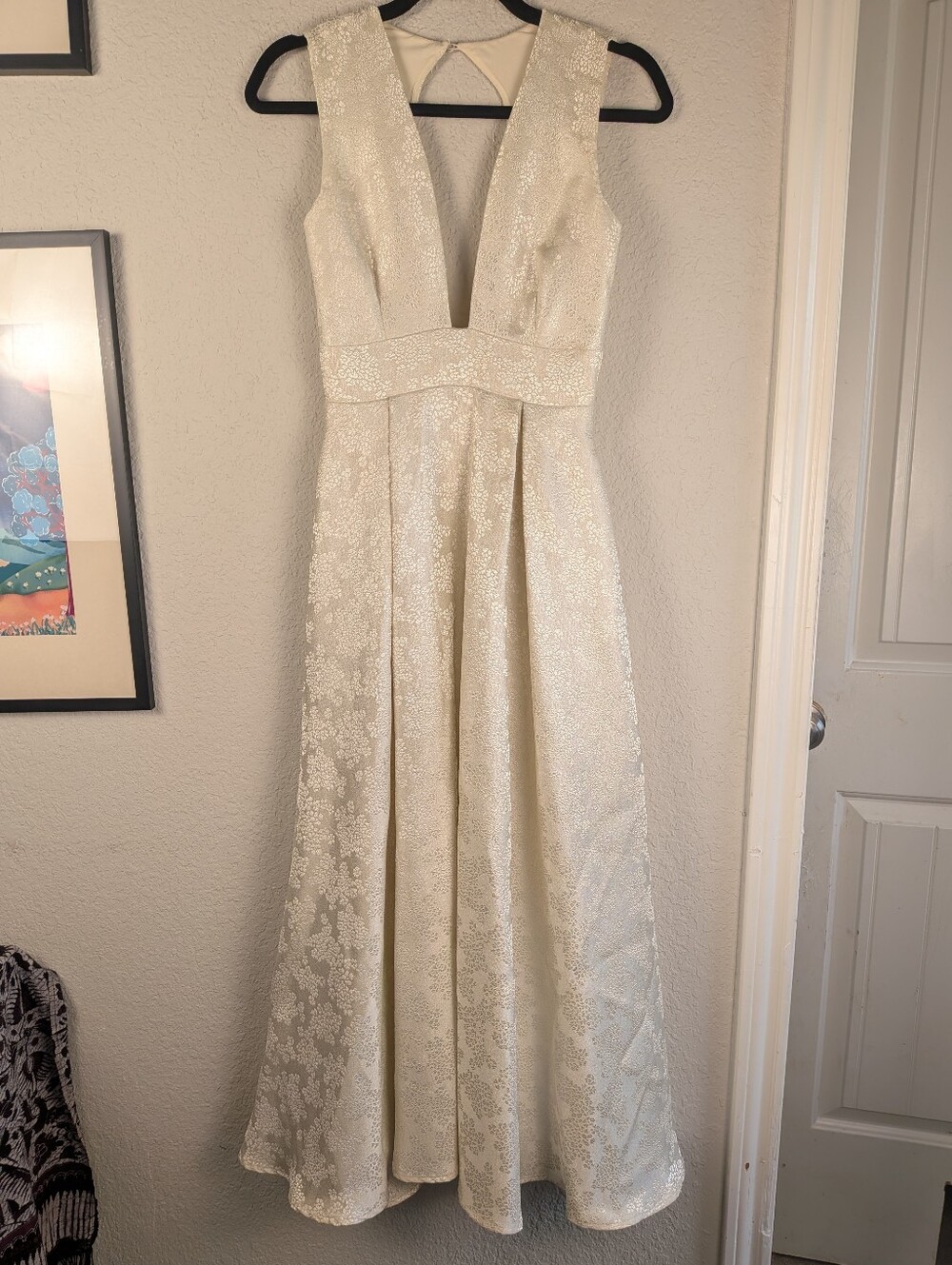 SAU LEE For Anthropologie Size 0 Plunge Neck Floral Jacquard A-Line Midi Dress